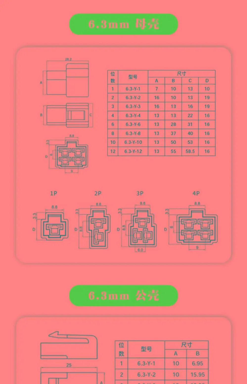10 Stück 6,3 mm Motorrad-Elektrofahrzeug-Kabelverbinder, Stecker und Buchse, 2P 3 4 Docking-Steckverbinder – Detail 1