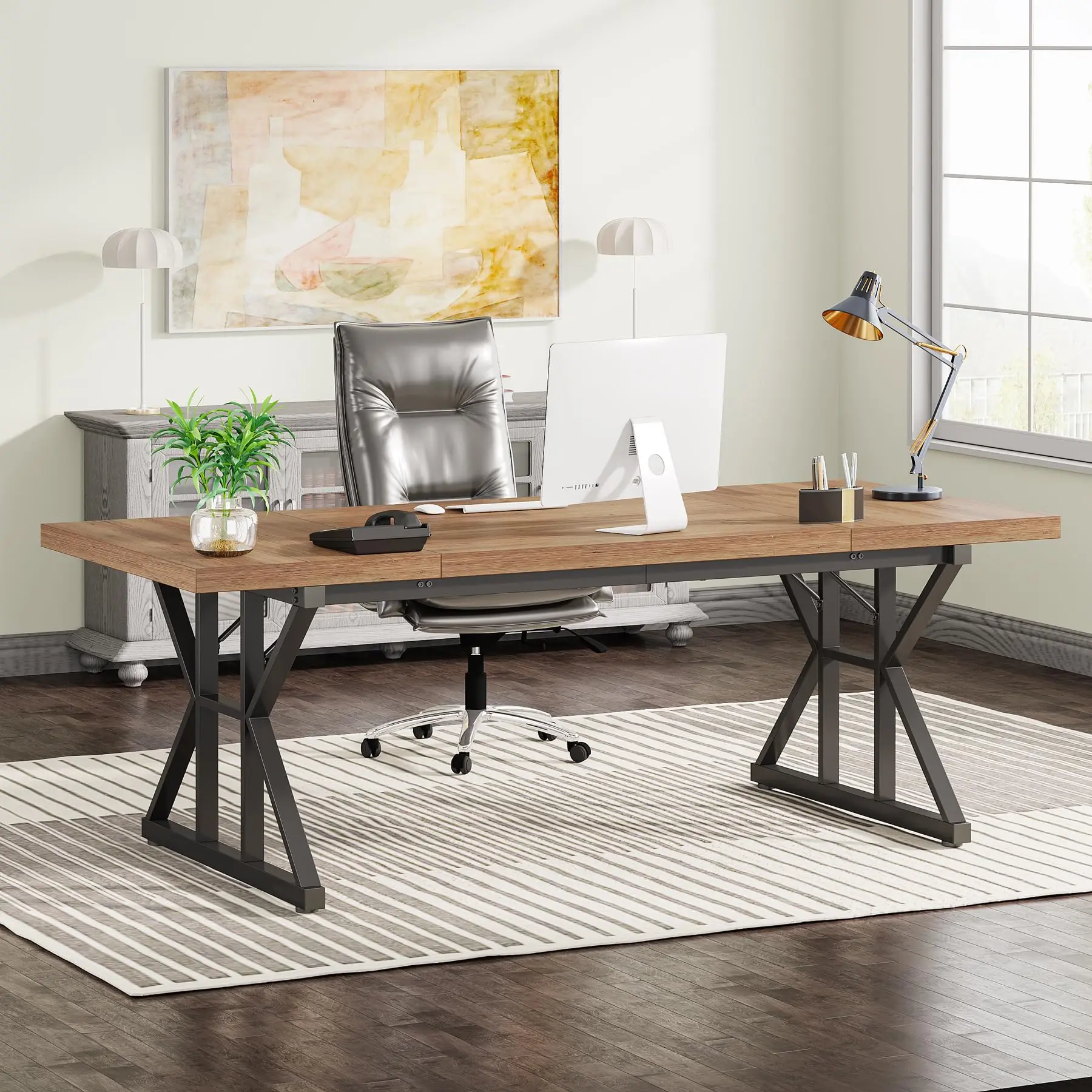 

Modern Industrial Style Executive Desk 70.8 Inch Wood Top With Metal X-Leg Frame For Home Office Study And Computer Workstation