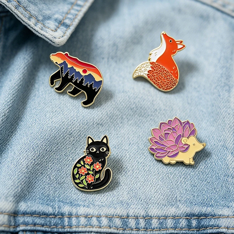 Cartoon Animal Enamel Brooch Lapel Pin Landscape Bear Fox Flower Black Cat Hedgehog Cute Metal Badge Punk Jewelry Friend Gift