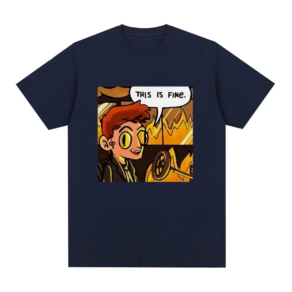 Good Omens This Is Fine Crowley Graphic T Shirt Men Fashion Vintage T Shirts Summer 100% Cotton Casual Cozy T-shirts Streetwears