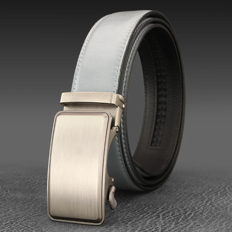 Sabuk Biru Kualitas Tinggi Pria Gesper Otomatis Warna Abu-abu Lebar 3.5Cm Tali Pinggang Kulit Asli Kulit Sapi