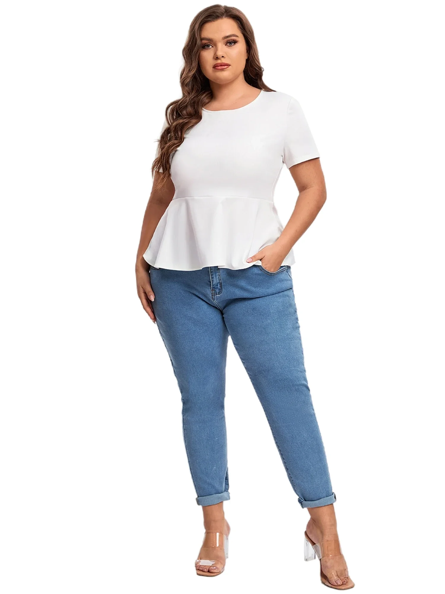 Plus Size Short Sleeve Elegant Summer Peplum Tops Women Keyhole Back Ruffle T-shirt Tee Blouse Plus Size Clothing Women 5XL 6XL