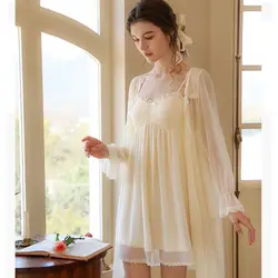 Fashion French Nightdress Pajama Women V-neck Sweet Lace Sleepwear Sexy Long Princess Nightgown Sleepwear пижама женская