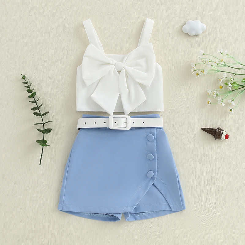 

Toddler Little Girl Shorts Set Bow Spaghetti Strap Tops Split Hem Skorts with Belt 2 Piece Summer Outfit