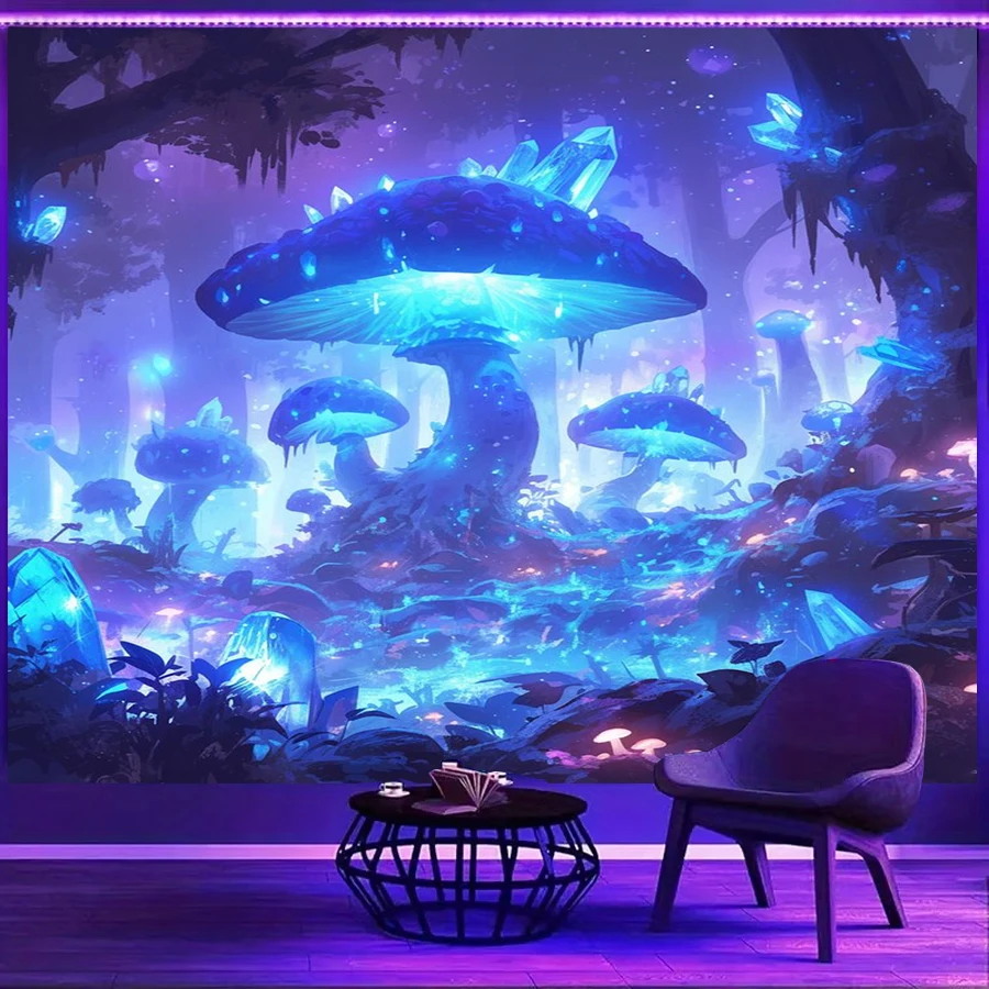 1PC Blue Crystal Mushroom Art Print Backdrop Banner, Bedroom Living Room Photo Background, Polyester, Home Decor, Wall Art