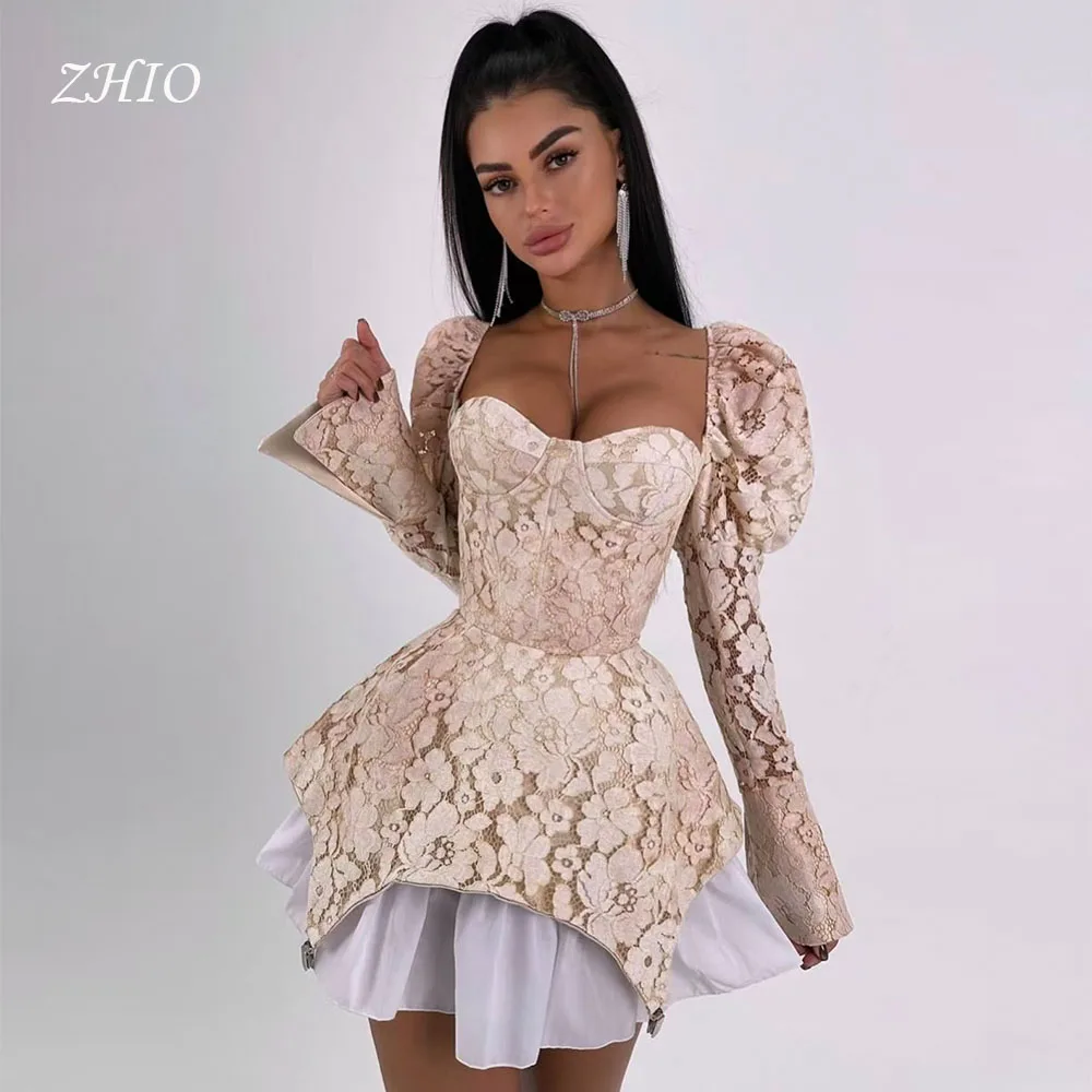 ZHIO فساتين حفلات زفاف صغيرة من الدانتيل العتيق بأكمام طويلة متدرجة للمناسبات الخاصة فساتين احتفال قصيرة فستان حفلات مخصص #1