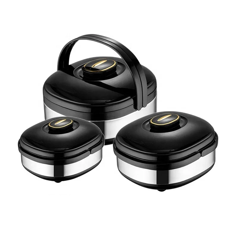 New Trend Luxury Black 3-Pcs Stainless Steel Insulated Casserole Pot Set Modern Design Food Warmer with Lid