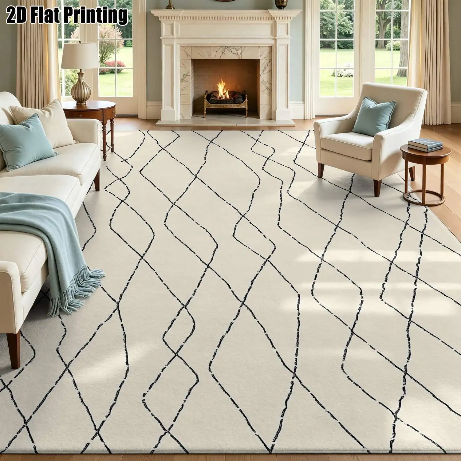 1Pc 2D Printed Carpet: Beige-Gray Geometric Line Pattern, Nordic/Instagram-Inspired Modern Minimalist European Floor Mat, Home Decor, Multi-Size, Machine Washable, for Entrance, Dining, Foyer, Bedroom, Living Room