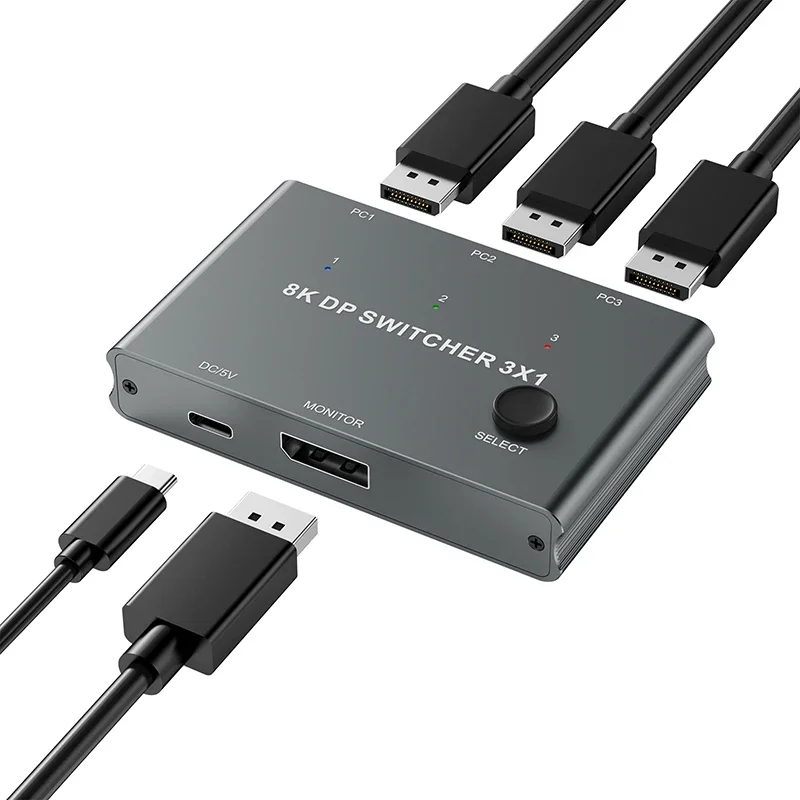 8K DisplayPort Switch 3 in 1 Out, DP Switches Splitter Selector Box with Button Support 8K@60Hz, 4K@144Hz Compatible with PC