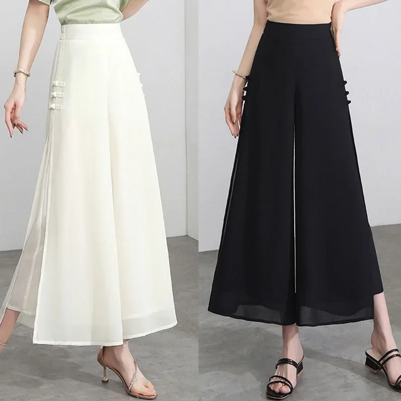 High-Waisted Chiffon Bell Bottoms Women's Casual Slimming Loose-Fit Straight-Leg Pants New 2024 Style Side Slit Seven-Nine Lengt