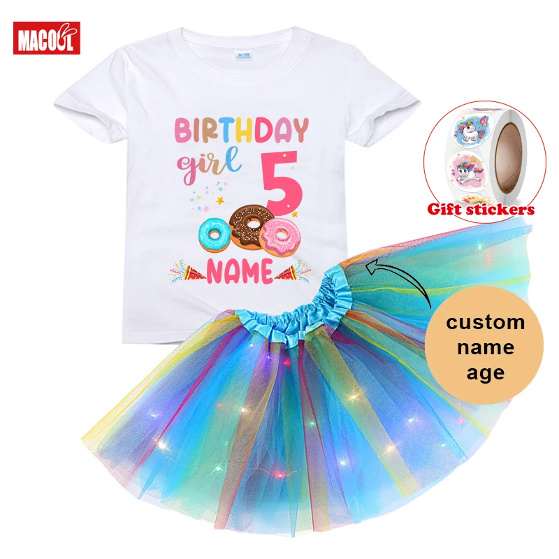 Girls Birthday Tutu Dress Set Doughnut Birthday Party Shirts Girl Kids Dress Set Party Light Christmas Dress T-shirt Child Suit