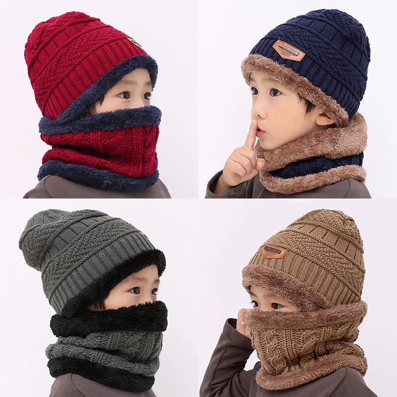 2pcs/set Sporty Simplicity Kids Boy Beanie Scarf Set Warm Thicken Furry Outdoor Crochet Bonnet Scarf Winter Choldren Knitted Hat