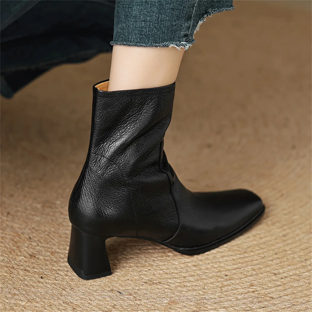 FEDONAS High Quality Women Genuine Leather Ankle Boots Thick High Heels Female Short Office Boots Side Zipper Basic Boots Shoes