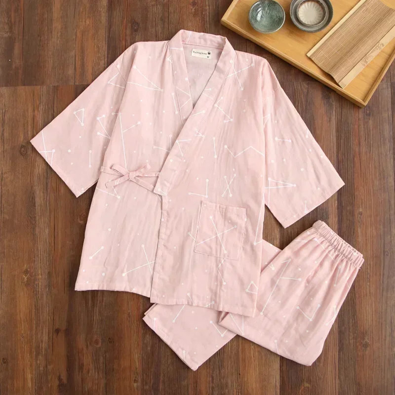 2025 new seven-sleeve Japanese-style kimono pajamas set female spring and autumn 100% cotton gauze home clothes cute sweet two-p