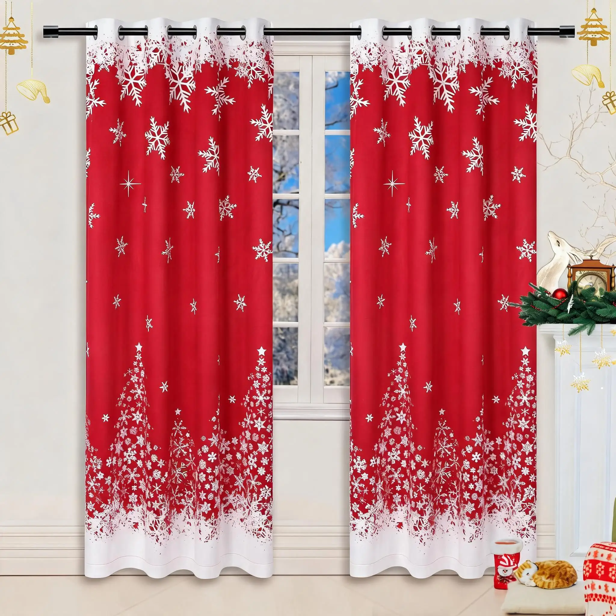Christmas Crimson Soft Curtains, Room Darkening Blackout Drapes, Grommet Top, 2 Panels, Machine Washable, for Bedroom & Living Room