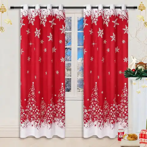 Christmas Crimson Soft Curtains, Room Darkening Blackout Drapes, Grommet Top, 2 Panels, Machine Washable, for Bedroom & Living Room