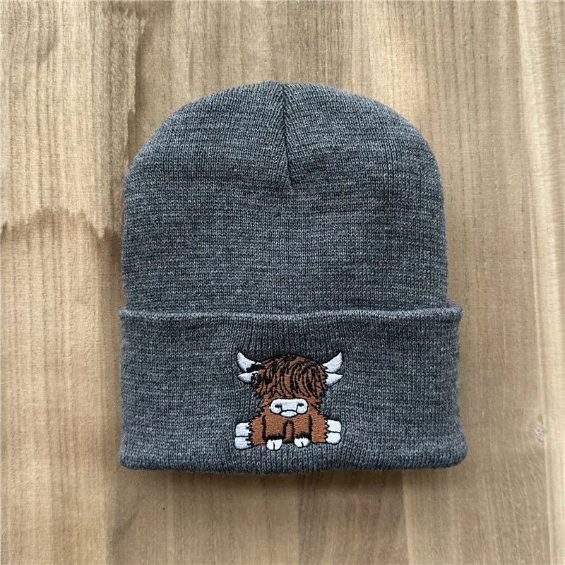 Unisex-Mütze mit Highland-Kuh-Stickerei, weiche warme Strickmütze für den Herbst und Winter – Detail 12