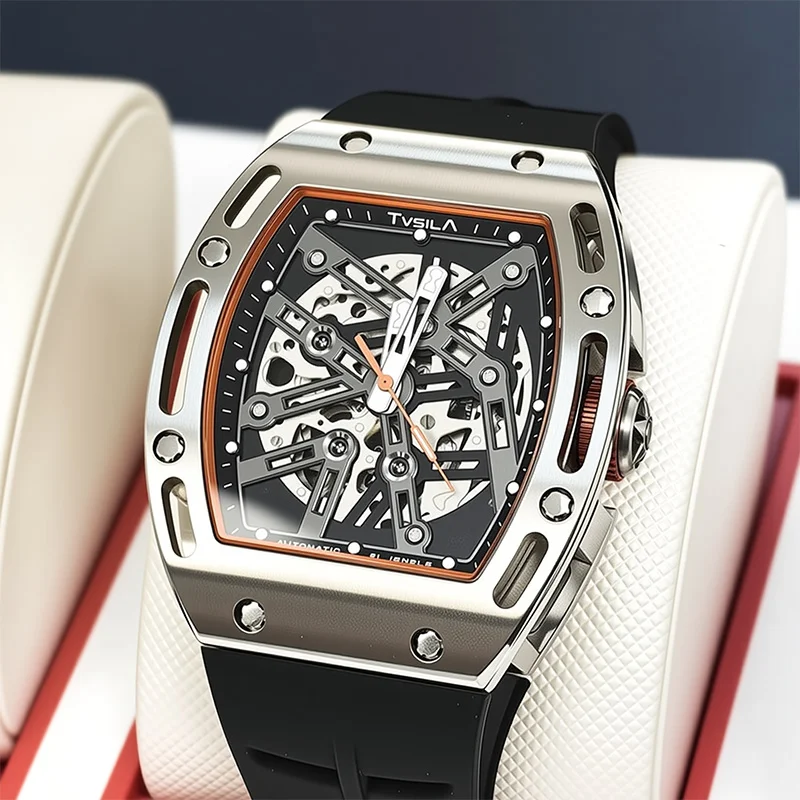 TVSILA Original Miyota Men's Automatic Mechanical Watch Stainless Steel Case Silicone Band Skeleton Waterproof Sport Wristwatch