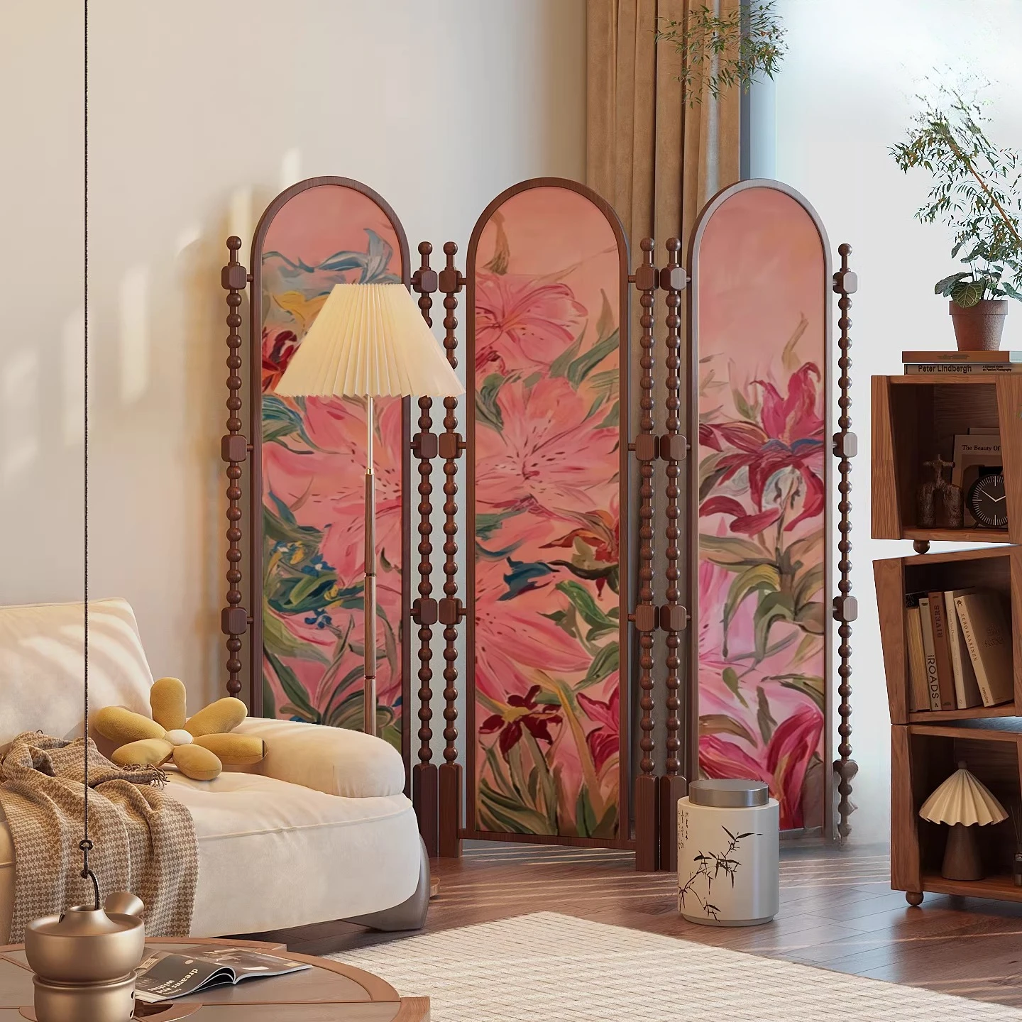 French cream style retro abstract flower screen partition mobile living room sofa home cover door background wall