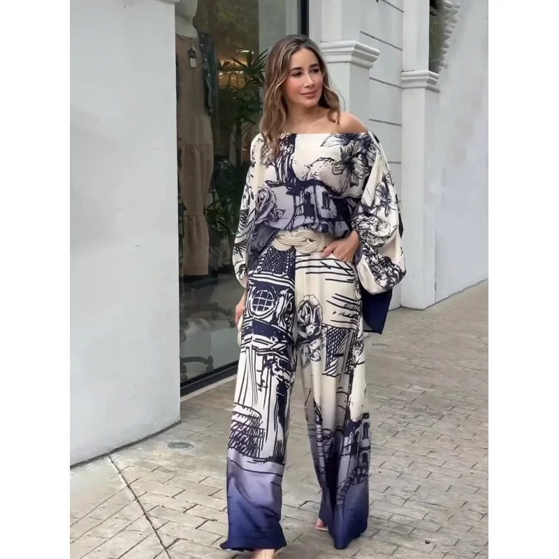 Independent Station New Print Fashion Long Sleeve Batwing Shirt Wide Leg Pants Suit Belt Delivery