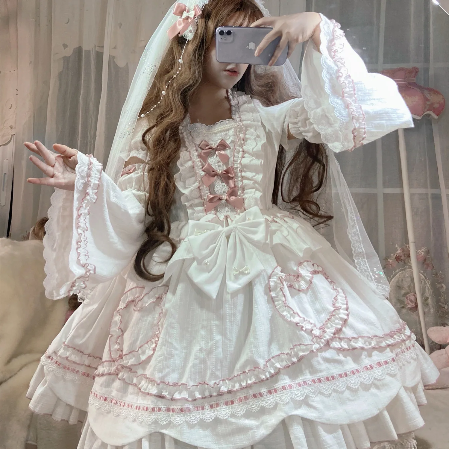 Cute Women Lolita OP Dress Flouncing Lace Trim Japanese Harajuku Long Sleeves Doll Teen Dress Fairy Vestidos Girly Camisole Dres