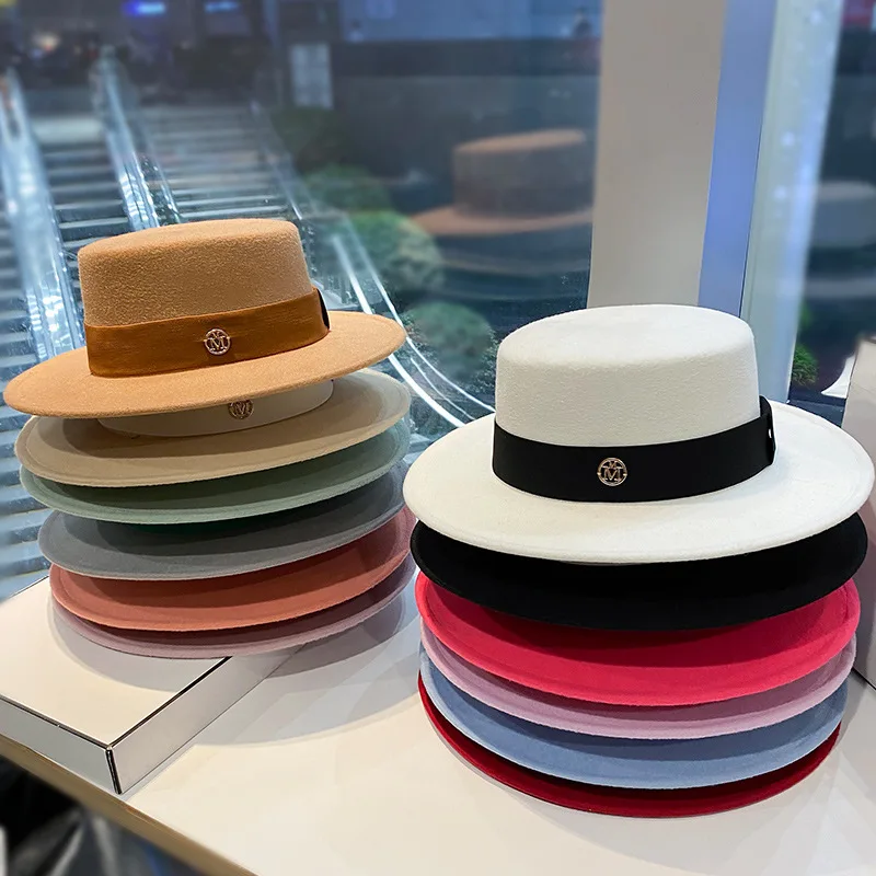 Fedora Rhinestone RB Ribbon Flat Top Hat for Women\'s Autumn and Winter Travel Versatile Flat Top Hat sombrero hat