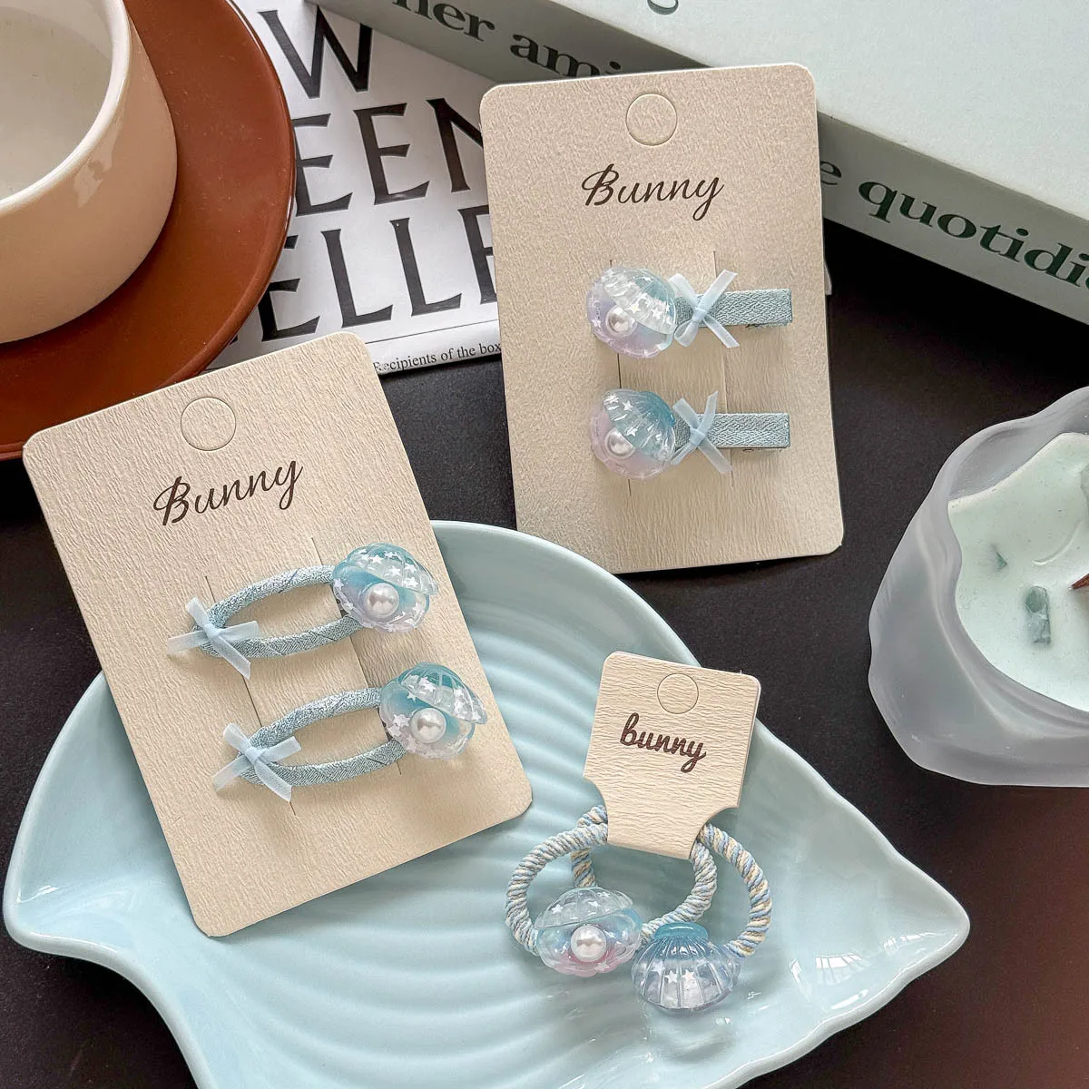 2pcs Children's Blue Hair Clips Bow Shell Hairpin Elastic Hair Band Baby Girls Hair Rope Tie Ponytail Holder Rubber Band Hairpin