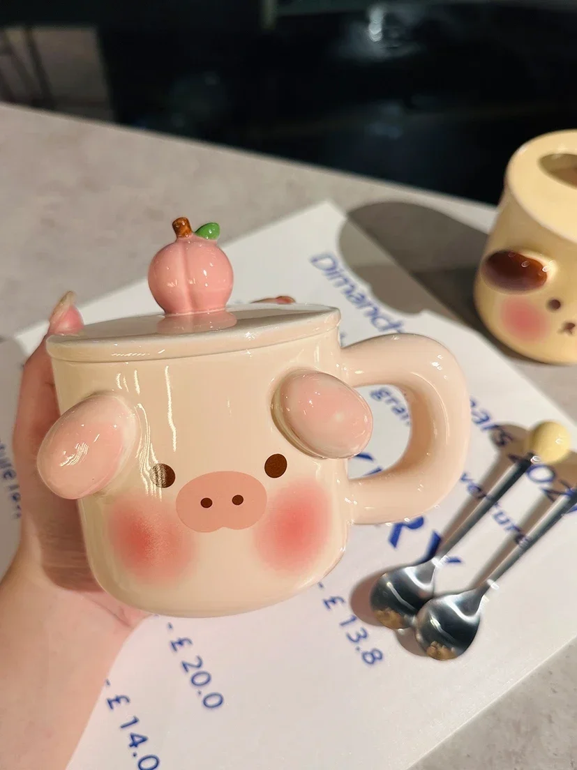 

Ceramic Cup Color Glaze Home Cute Cartoon Birthday Gift Pig Shape Cute Girl with Cover Spoon Creative Couple Storage WaterCoffee