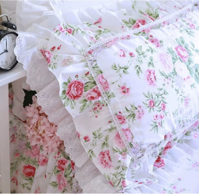 1 Pc Rose Print Pillow Case, Large Ruffle Cover, Floral Lace Pillowcases, Bed Pillowcase, Luxury Home Textile
