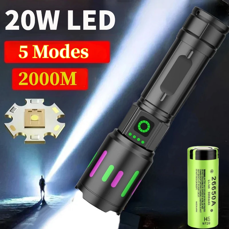 Powerful Flashlight 20W High Lumens Rechargeable Led Flashlight Zoom 2000m Long Range Tactical Lamp Ultra Powerful Torch