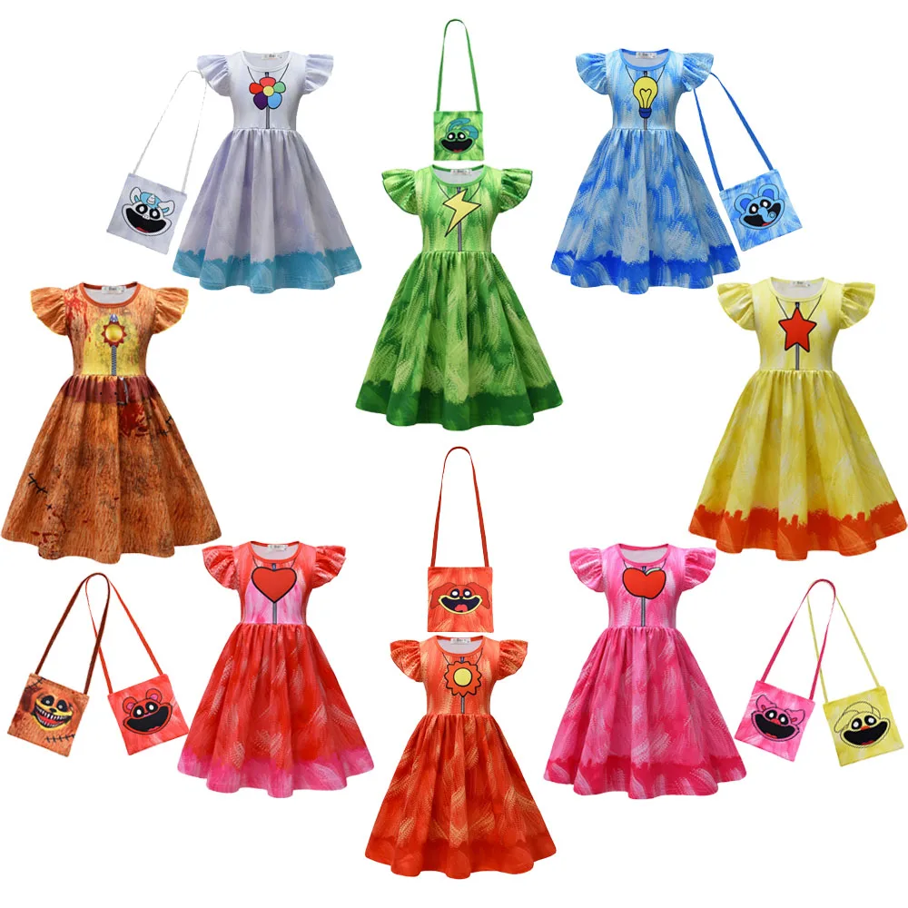 Multiple Colors Baby Girl Dresses Kids Game for Smiling Critters Clothes Cosplay Costume Children Fly Sleeve Halloween Dress+Bag