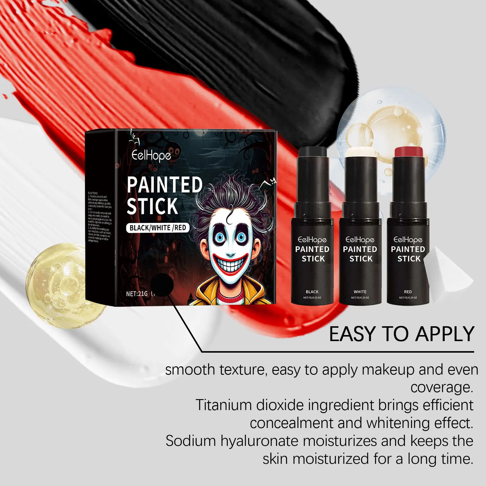 Juego de barras de pintura corporal para Halloween, cobertura completa de larga duración, resistente al agua, maquillaje negro, blanco y rojo, juego de maquillaje de pintura facial de payaso