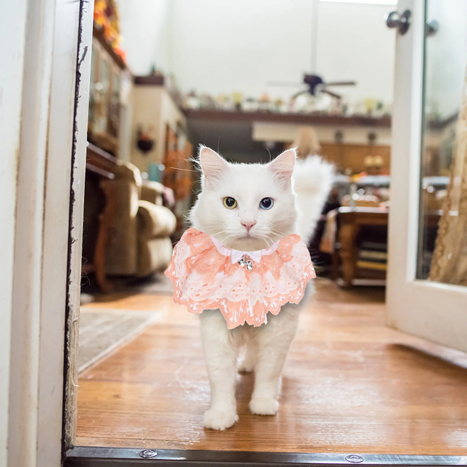 وشاح دانتيل على شكل قطة للحيوانات الأليفة مع أجراس، ملابس برقبة أنيقة لعيد الميلاد وحفلات الزفاف وعيد الميلاد وخفيفة الوزن ومريحة وجميلة