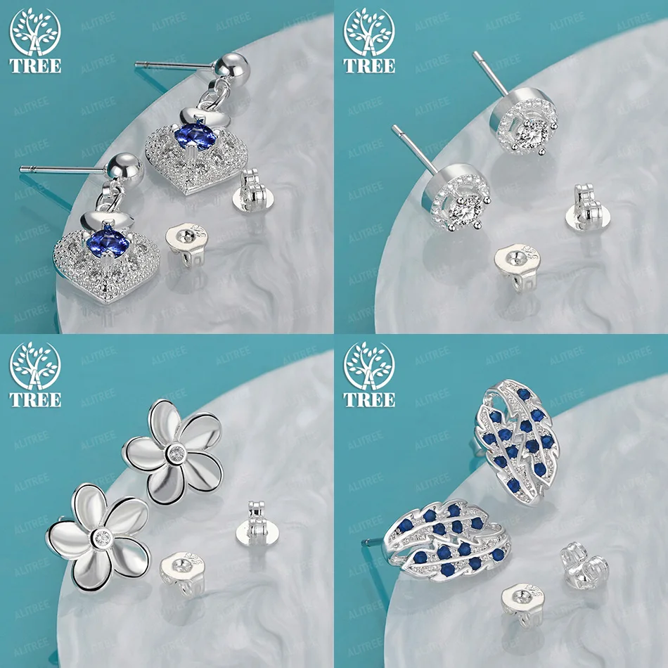 

925 Sterling Silver Leaf Heart Flower Round Stud Earring Classic Zircon Women Anniversary Party Gift Fashion Jewelry Accessories