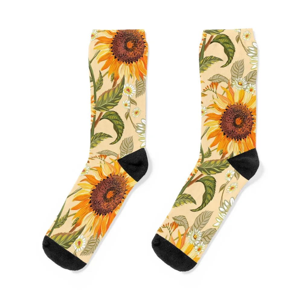 

Sunflowers 70s vintage golden retro pattern, yellow and orange flowers Socks man aesthetic Sports designer Male Socks Women's