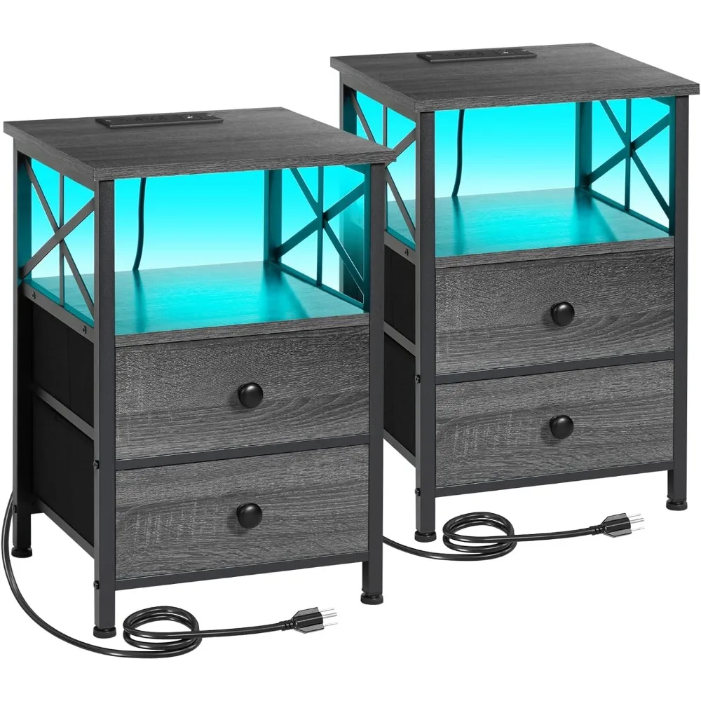 

Night Stand Set 2, LED Nightstand with Charging Station, End Tables Living Room with Fabric Drawers, Bedside Table fo