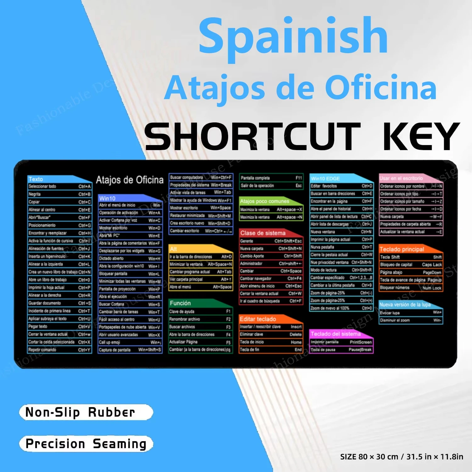 Spanish Office Shortcut Large Mouse Pad Desk Mat For Win10 Software Excel Shortcuts Stitched Edges Non-Slip Mousepad Office User