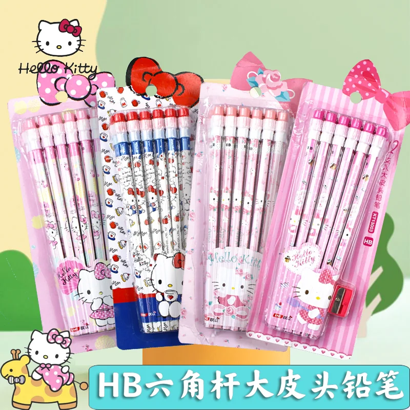 12pcs/set MINISO Sanrio Anime Hellokittys Children Rubber Head Hb Pencil Pretend Pupil Study Write Painting Pencil Kids Gifts