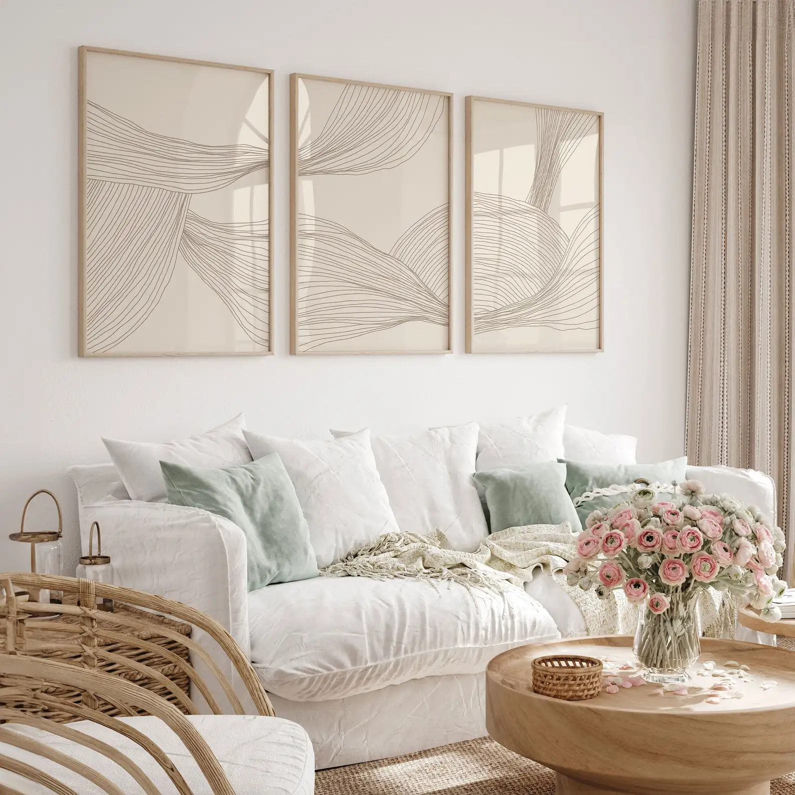 Netural Abstract Art Prints Set of 3, Beige Tones Line Art, Boho Home Decor, Modern Wall Art, Bohemian Canvas Painting