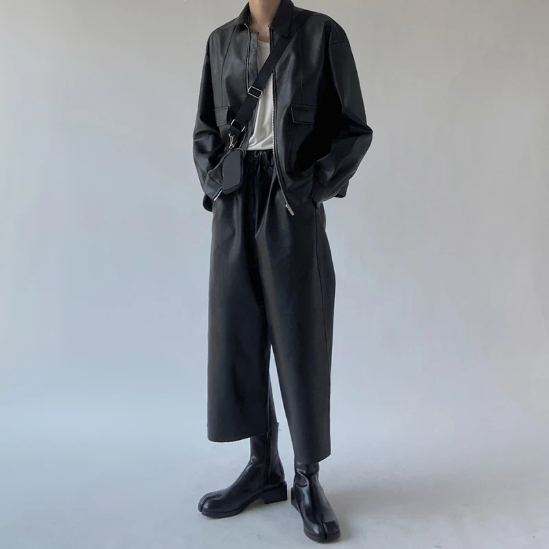 

MRCYC Men's Loose Korean Sle Biker Leather Jaet Vintage Pilot Coat Trendy Autumn Outerwear Zipper Closure Pure Color