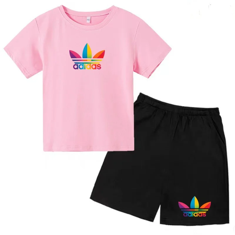Sommer-T-Shirts für Kinder im Alter von 3-12 Jahren, Sportbekleidung für Jungen und Mädchen, Kurzarm + kurze Hosen. Marken-Set – Detail 6
