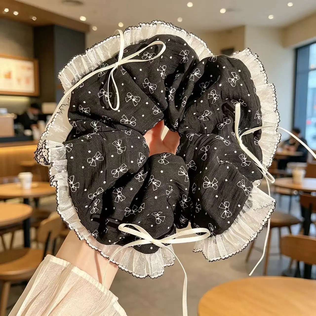 1/2PCS Lace Trim Polka Dot Scrunchie with Bow Sweet Ruffled Hair Tie Ponytail Holder Fashion Women Hair Accessories