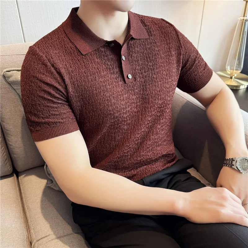 High Stretch Knitted Polo Shirt Short Sleeved Summer Ice Silk Light Thin Solid Casual T-shirt Trendy High-quality Men Clothing