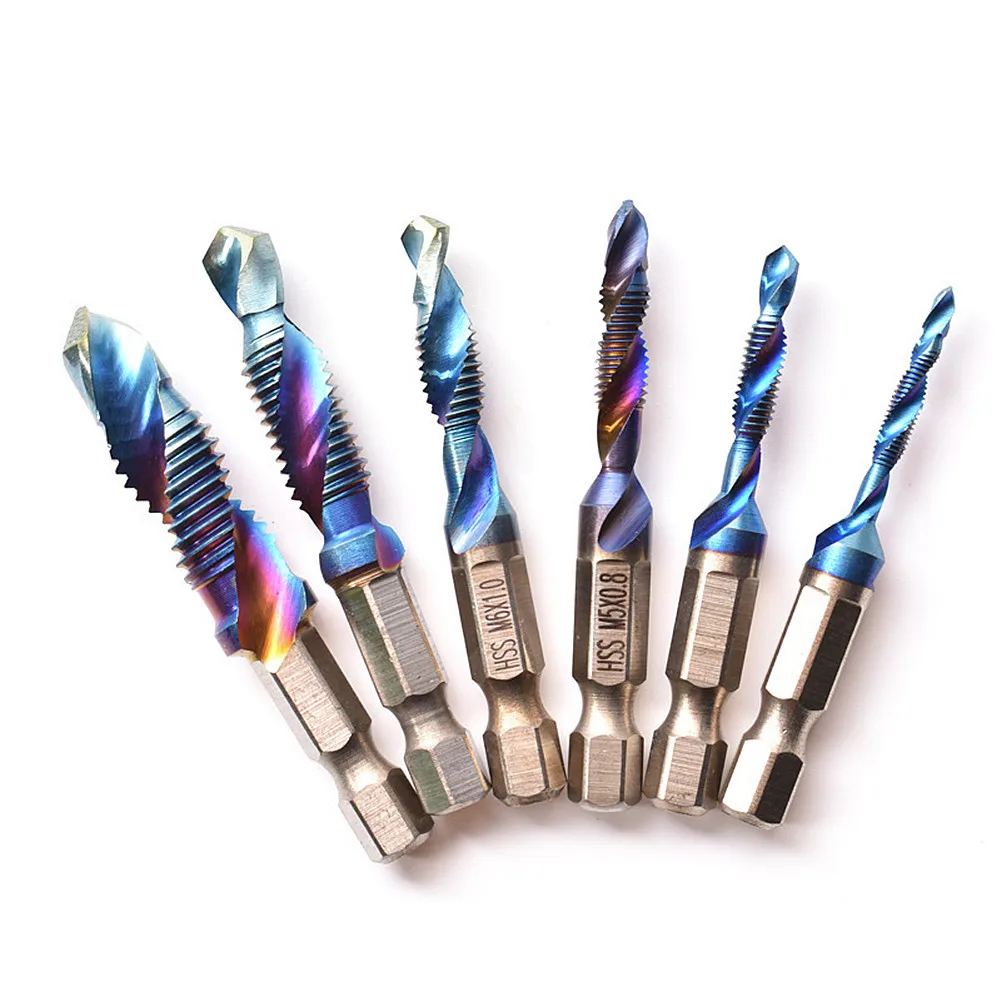 6Pcs Compound Metric Tap Drill Bits Screw Thread Hex Shank Machine Blue HSS Tap Bit Tool M3 M4 M5 M6 M8 M10 For Metal Wood