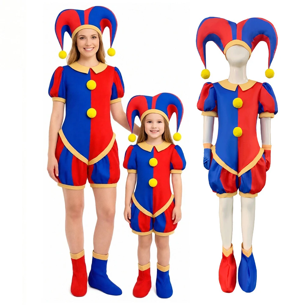 

Pomni Cosplay Costumes Cute Clown Character Clothes Jumpsuit Cap Shoe Covers Clown Costumes for Parties and Stage Performances