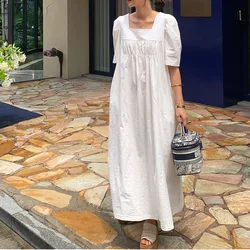 Blue Casual Loose Short Sleeve Square Collar Midi Dress Street Style Cotton Polyester Blend Summer Fashion for Women
