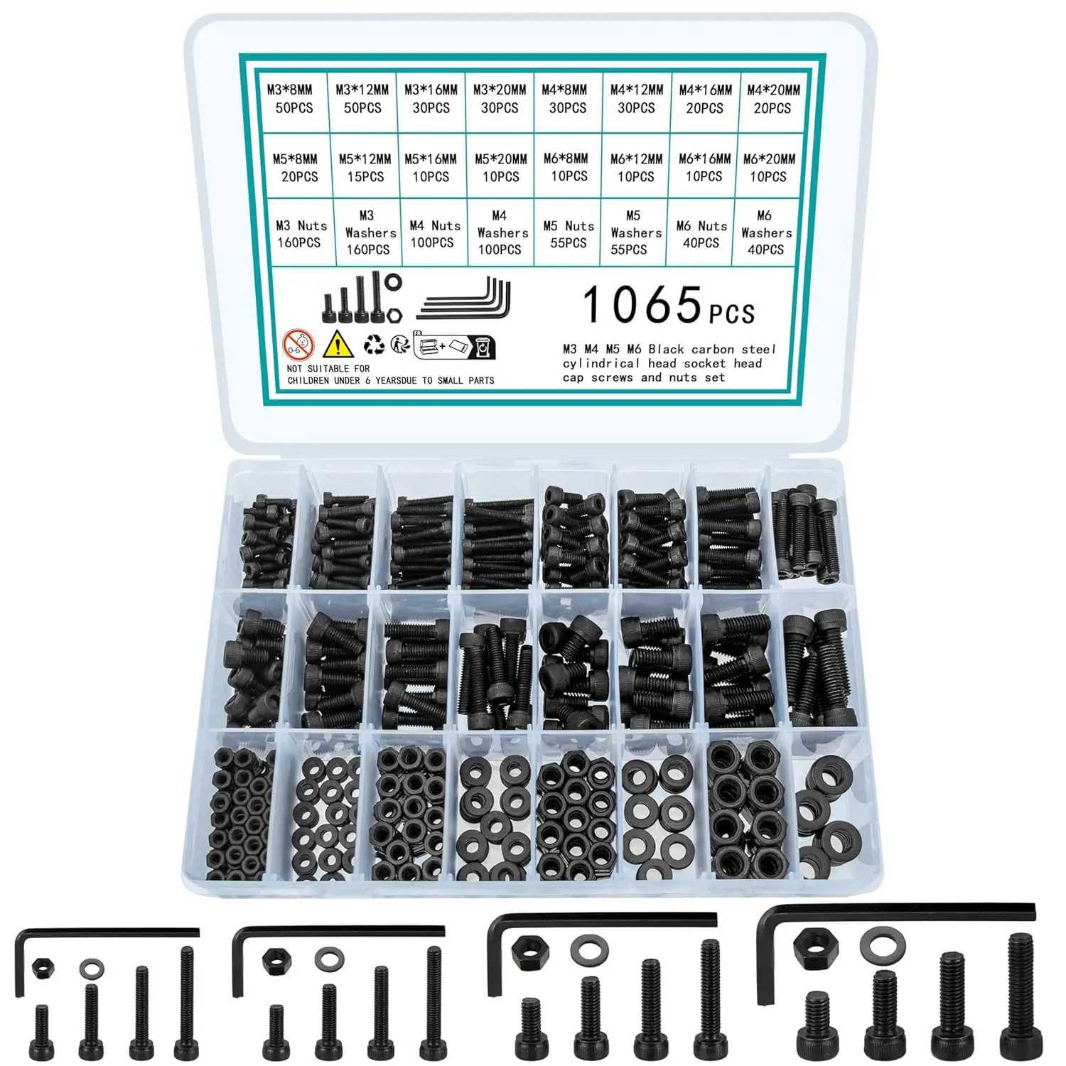 Kit de Surtido de Tornillos y Tuercas M3 M4 M5 M6 de 1065 Piezas - Juego de Pernos de Cabeza Hexagonal en Negro