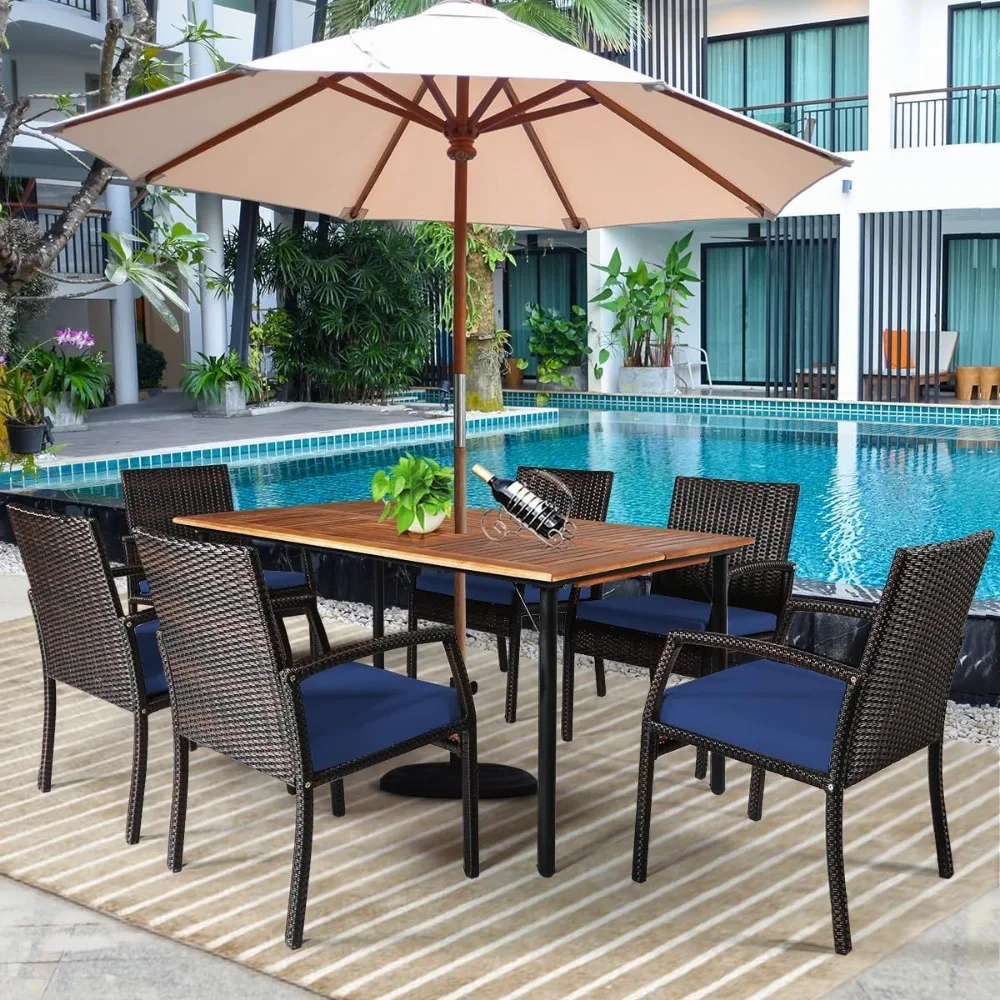 

7-Piece Outdoor Patio Furniture Set, Rattan Dining Table & Chairs with Cushions, Umbrella Hole & Tempered Glass Tabletop, Moder