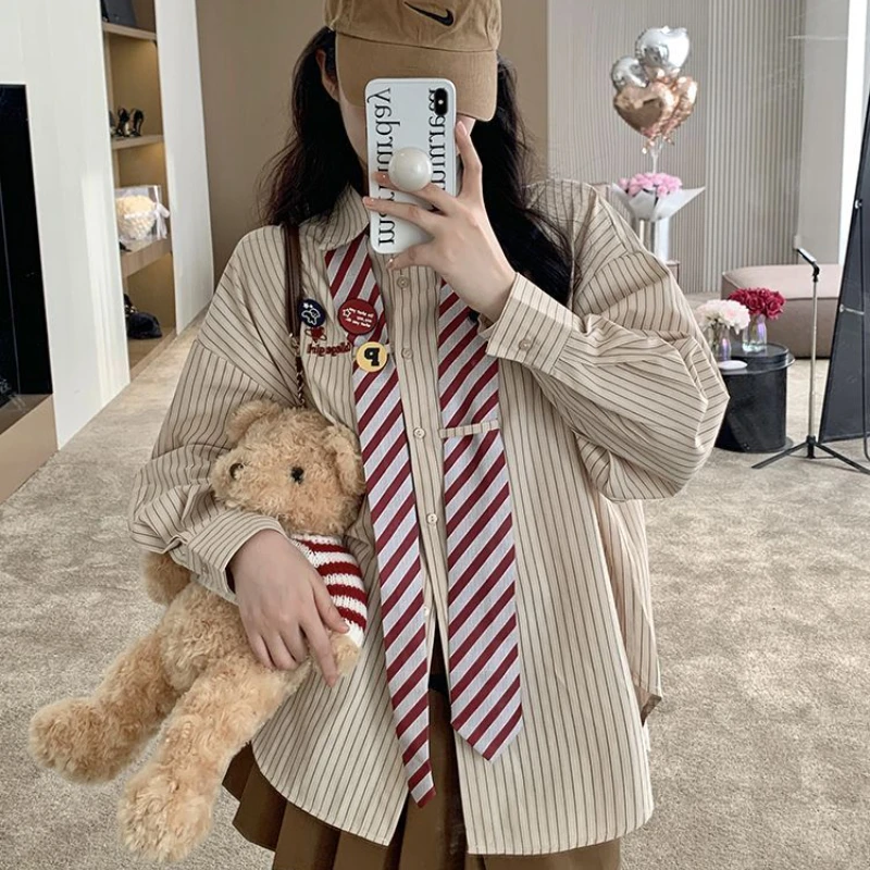 Striped Shirts Women Baggy Preppy Sweet Teens Youth Girlish Japanese Street Personal Designer Harajuku Ins Fashion Clothing Cozy