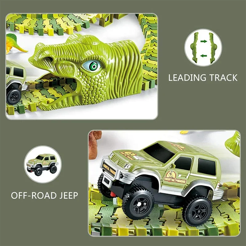 Zestaw zabawek z torami dla dinozaurów, elastyczne torowe autka, zabawka dla dzieci, świat dinozaurów, wyścigi drogowe, prezenty świąteczne i urodzinowe dla maluchów
